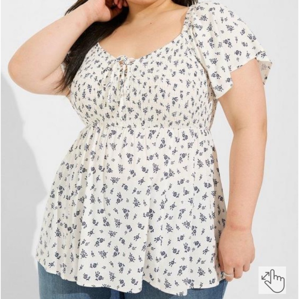 Rayon Slub Smocked Bodice Flutter Sleeve Top